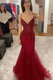 Burgundy V-Neck Spaghetti Straps Lace Appliques Mermaid Long Prom Dress