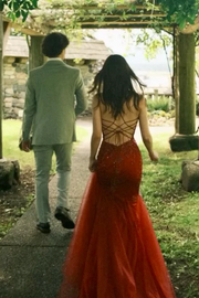 Burgundy V-Neck Spaghetti Straps Lace Appliques Mermaid Long Prom Dress