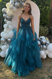 Spaghetti Straps V-Neck Ruffles Tulle Empire-Waist Sleeveless Prom Dress