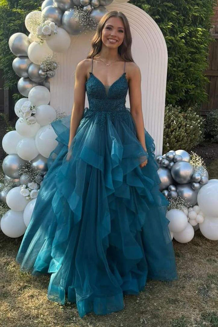 Spaghetti Straps V-Neck Ruffles Tulle Empire-Waist Sleeveless Prom Dress