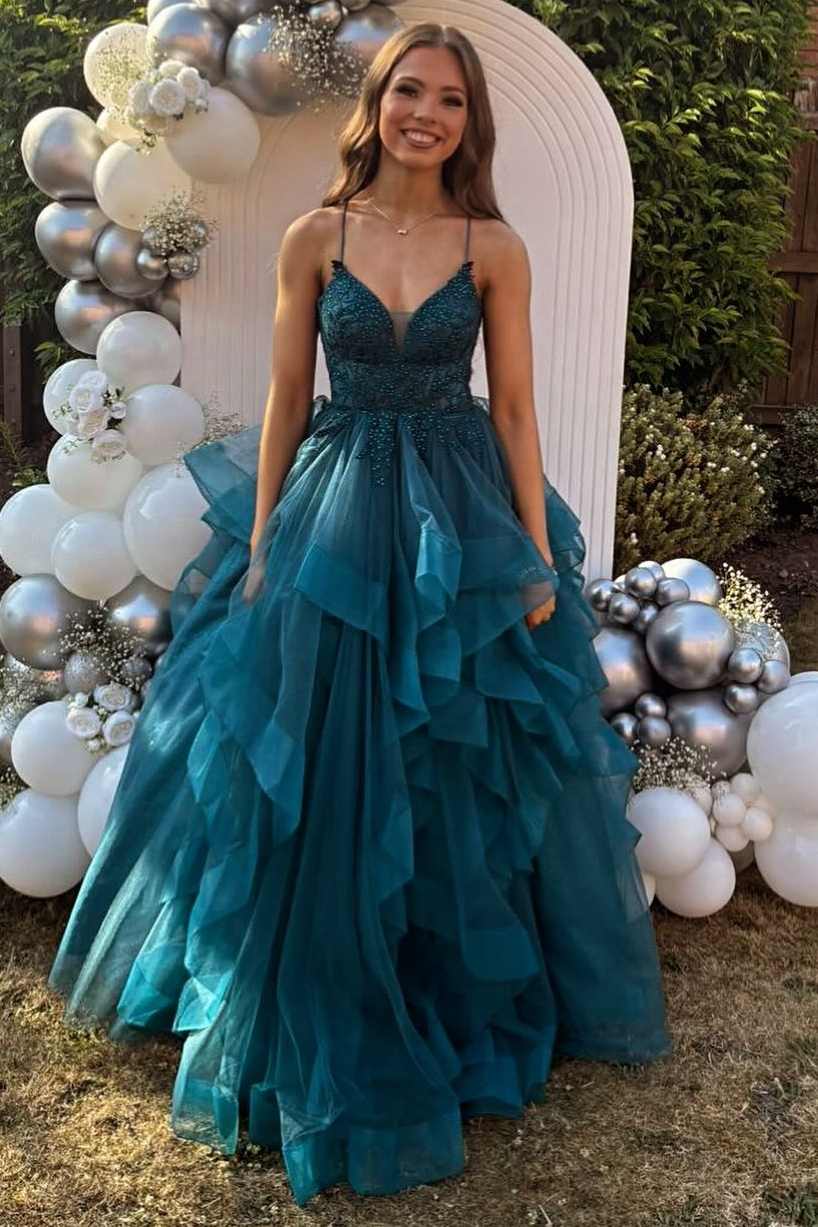 Spaghetti Straps V-Neck Ruffles Tulle Empire-Waist Sleeveless Prom Dress