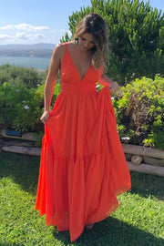 Elegant V-Neck A-Line Empire-Waist Sleeveless Long Prom Formal Dress