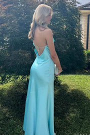 Blue Cowl Neck Straps Satin Backless Long Prom Party Dress