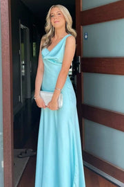 Blue Cowl Neck Straps Satin Backless Long Prom Party Dress