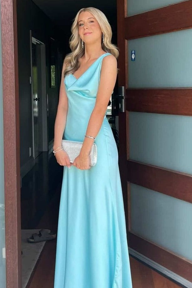 Blue Cowl Neck Straps Satin Backless Long Prom Party Dress