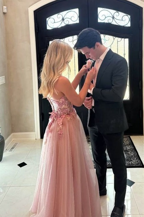 Pink A-Line Strapless Empire-Waist Appliques Tulle Long Prom Dress