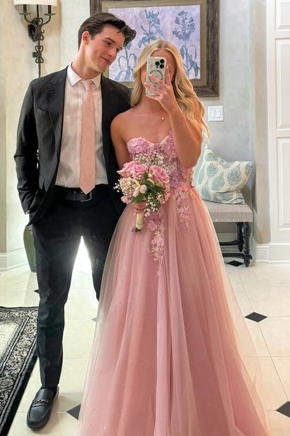 Pink A-Line Strapless Empire-Waist Appliques Tulle Long Prom Dress