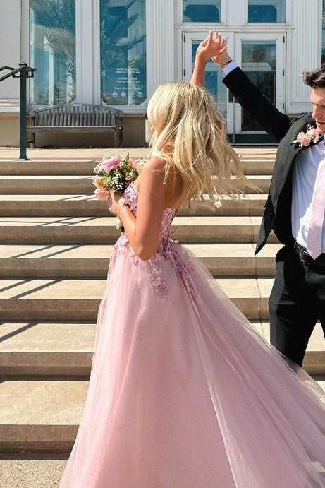 Pink A-Line Strapless Empire-Waist Appliques Tulle Long Prom Dress