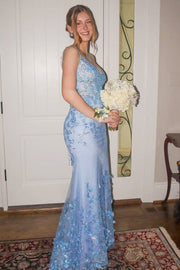 Blue Straps V-Neck Lace Appliques Sleeveless Mermaid Prom Dress