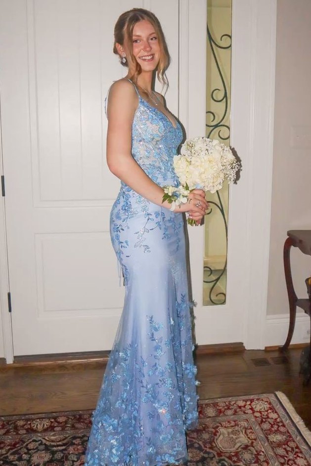 Blue Straps V-Neck Lace Appliques Sleeveless Mermaid Prom Dress