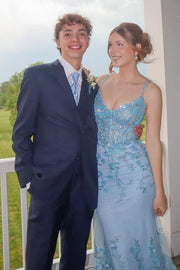 Blue Straps V-Neck Lace Appliques Sleeveless Mermaid Prom Dress