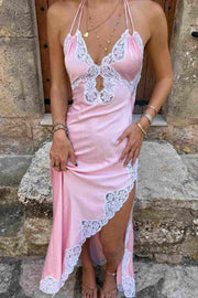 Pink A-Line Halter Lace Appliques V-Neck Side Slit Long Prom Dress