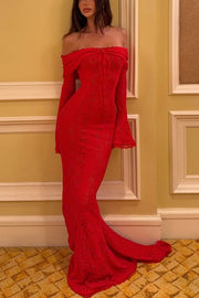 Red Off-Shoulder Mermaid Long Sleeves Lace Long Party Prom Dress