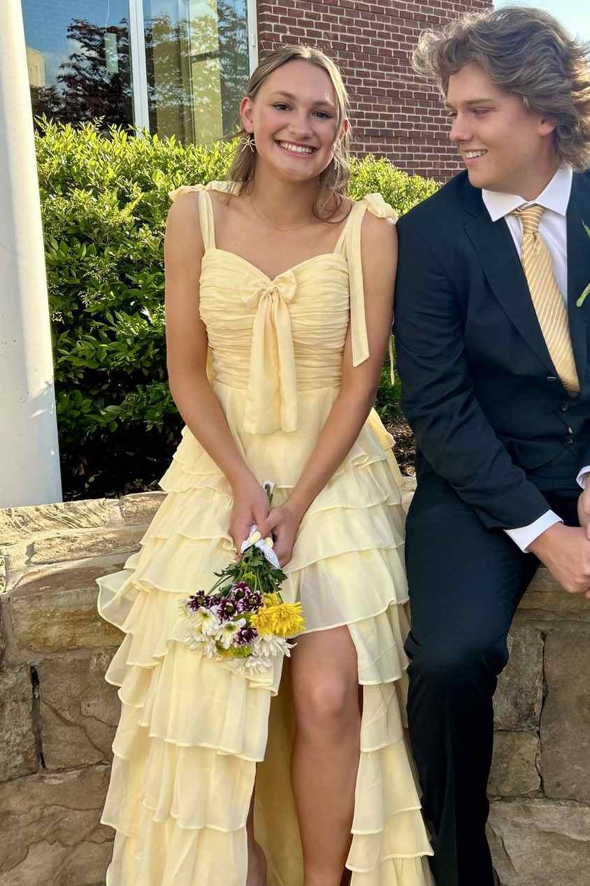 Yellow A-Line Ruffles Empire-Waist Sleeveless Prom Dress with Slit