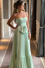Green Spaghetti Straps Empire-Waist Tulle Sleeveless Long Prom Dress