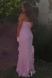 Pink Halter Ruffles Sleeveless Mermaid Long Party Prom Dress