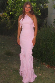 Pink Halter Ruffles Sleeveless Mermaid Long Party Prom Dress