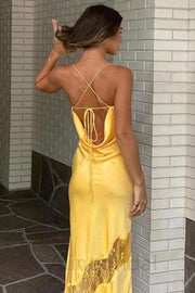 Yellow Spaghetti Straps Cowl Neck Lace Hollow Out Backless Party Prom Dress