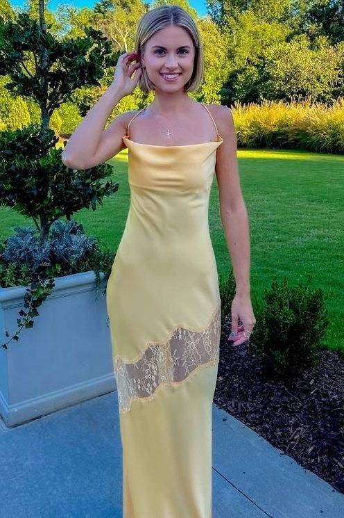 Yellow Spaghetti Straps Cowl Neck Lace Hollow Out Backless Party Prom Dress
