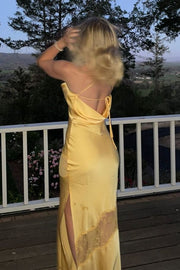 Yellow Spaghetti Straps Cowl Neck Lace Hollow Out Backless Party Prom Dress