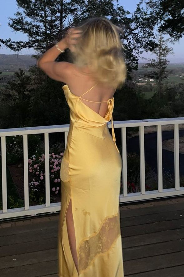 Yellow Spaghetti Straps Cowl Neck Lace Hollow Out Backless Party Prom Dress