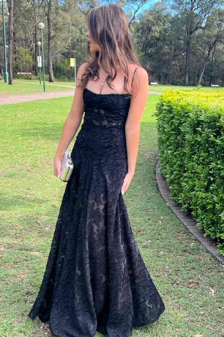 Spaghetti Straps Black Lace Appliques A-Line Sleeveless Long Prom Dress