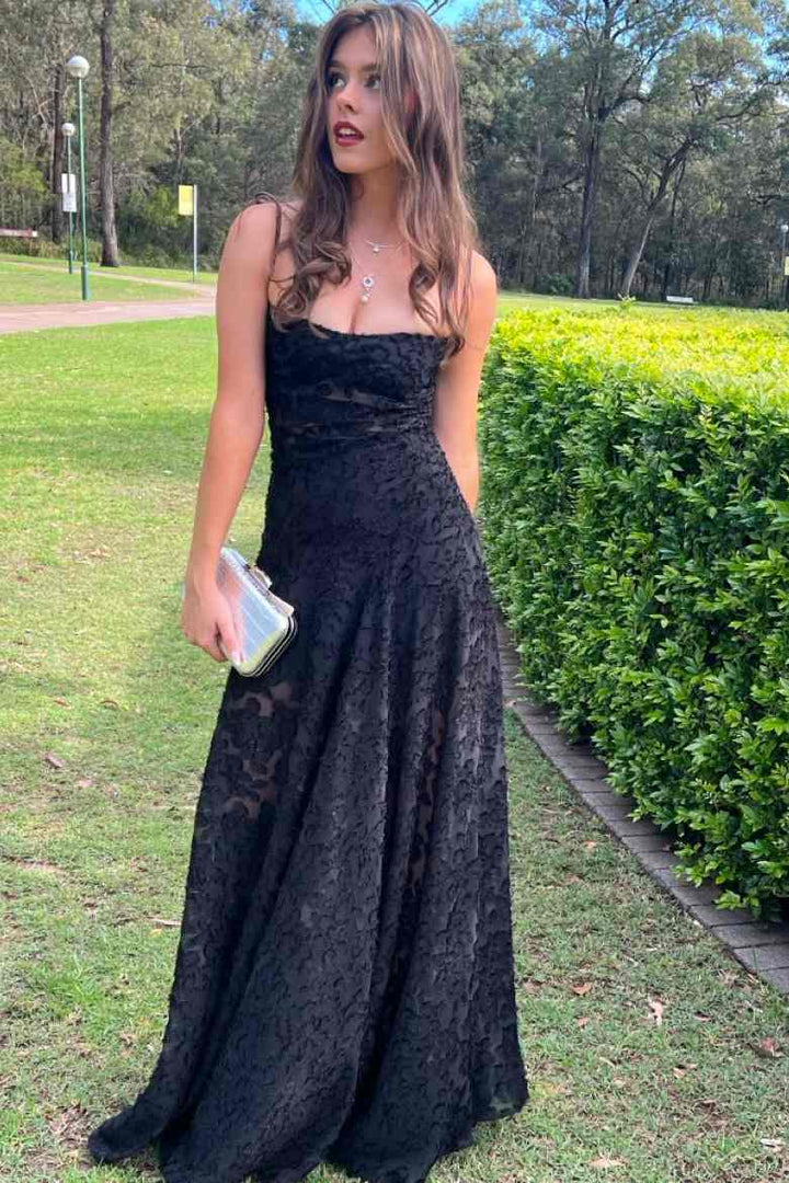 Spaghetti Straps Black Lace Appliques A-Line Sleeveless Long Prom Dress