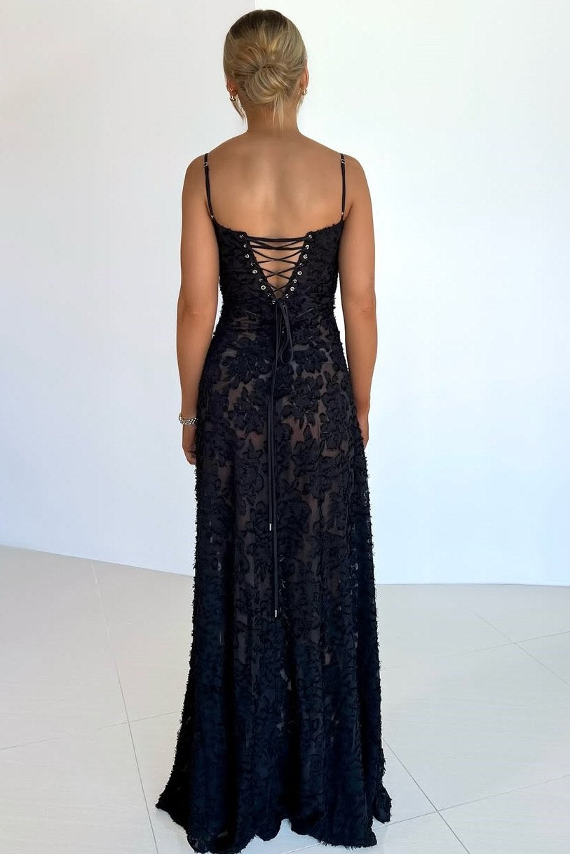 Spaghetti Straps Black Lace Appliques A-Line Sleeveless Long Prom Dress