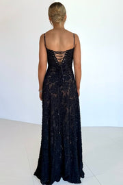 Spaghetti Straps Black Lace Appliques A-Line Sleeveless Long Prom Dress