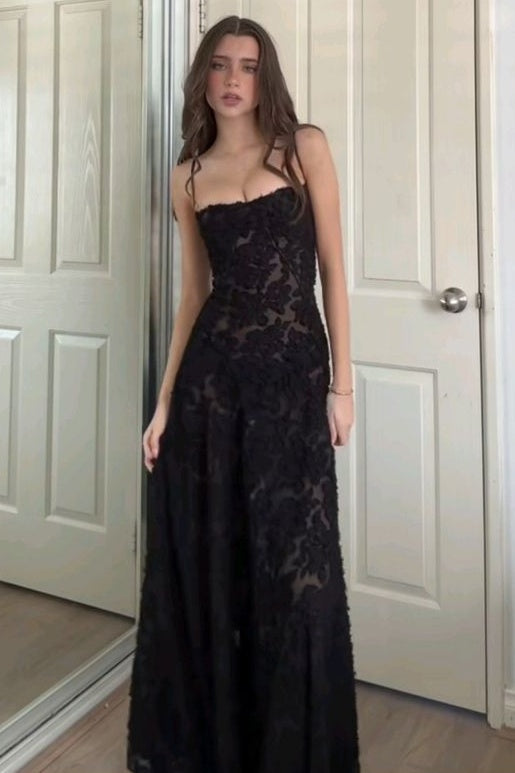 Spaghetti Straps Black Lace Appliques A-Line Sleeveless Long Prom Dress