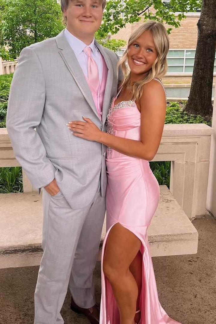Spaghetti Straps V-Neck Beads Sleeveless Pleats Long Prom Dress with Slit