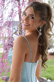 Spaghetti Straps V-Neck Beads Sleeveless Pleats Long Prom Dress with Slit