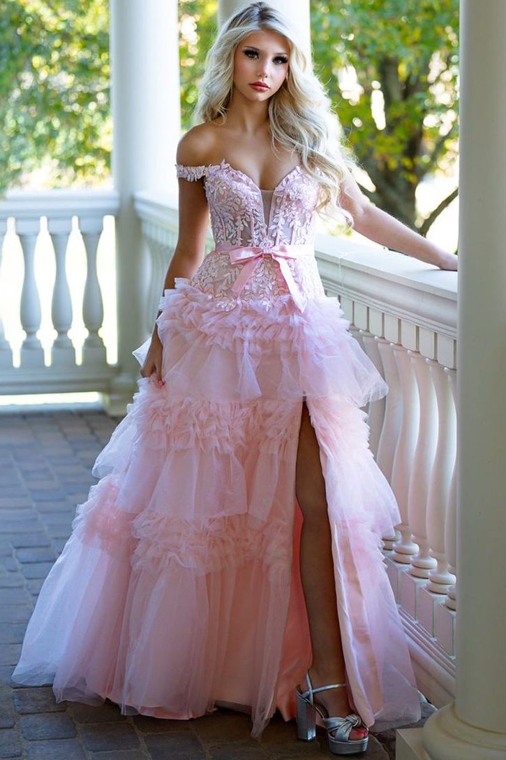 Stunning Pink V-Neck Ruffles Tulle A-Line Empire-Waist Long Prom Dress