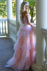 Stunning Pink V-Neck Ruffles Tulle A-Line Empire-Waist Long Prom Dress