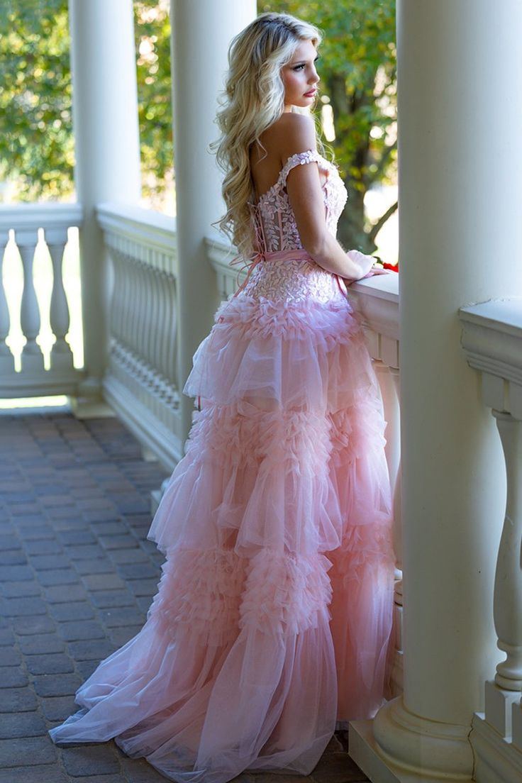 Stunning Pink V-Neck Ruffles Tulle A-Line Empire-Waist Long Prom Dress