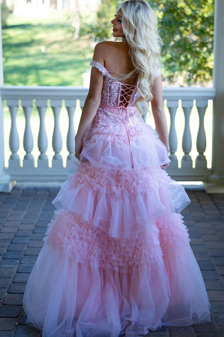 Stunning Pink V-Neck Ruffles Tulle A-Line Empire-Waist Long Prom Dress