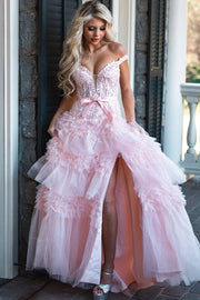 Stunning Pink V-Neck Ruffles Tulle A-Line Empire-Waist Long Prom Dress