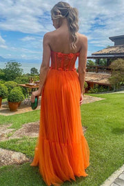 Orange A-Line Empire-Waist Sleeveless Tulle Long Formal Prom Dress