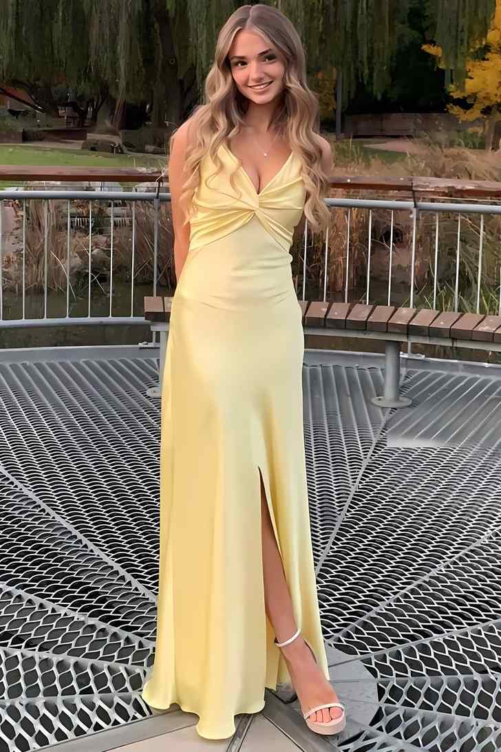 Spaghetti Straps V-Neck Pleats Satin Sleeveless Long Party Prom Dress