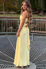 Spaghetti Straps V-Neck Pleats Satin Sleeveless Long Party Prom Dress