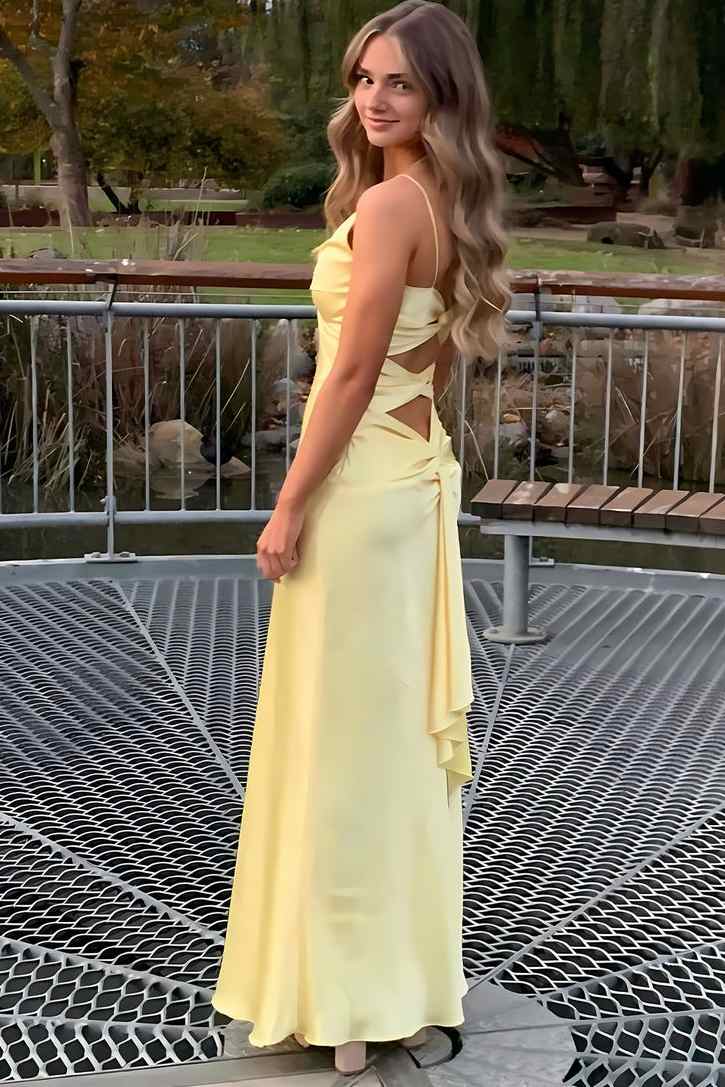 Spaghetti Straps V-Neck Pleats Satin Sleeveless Long Party Prom Dress