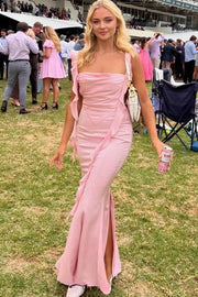 Pink Double Straps Mermaid Pleats Sleeveless Satin Party Prom Dress