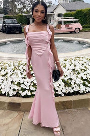 Pink Double Straps Mermaid Pleats Sleeveless Satin Party Prom Dress