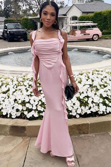 Pink Double Straps Mermaid Pleats Sleeveless Satin Party Prom Dress