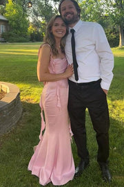 Pink Double Straps Mermaid Pleats Sleeveless Satin Party Prom Dress