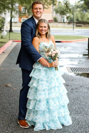 Spaghetti Straps A-Line Empire-Waist Ruffles Print Long Prom Dress