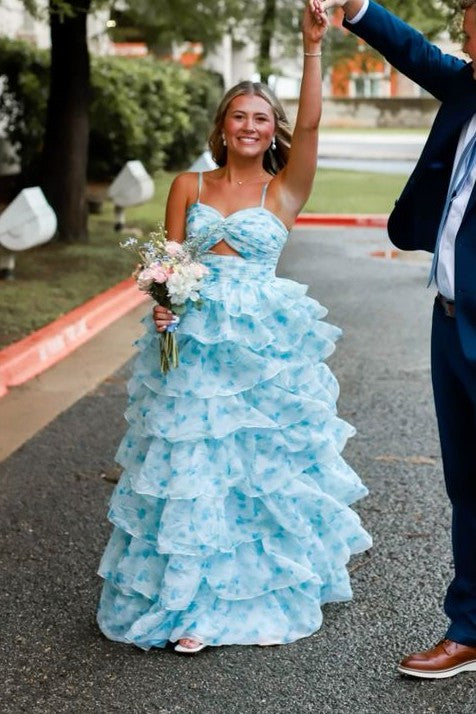 Spaghetti Straps A-Line Empire-Waist Ruffles Print Long Prom Dress