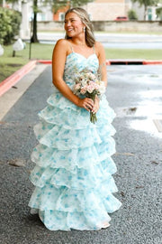 Spaghetti Straps A-Line Empire-Waist Ruffles Print Long Prom Dress