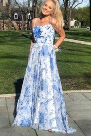Spaghetti Straps Print Floral A-Line Empire-Waist Sleeveless Long Prom Dress