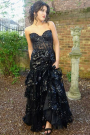 Black Strapless Ruffles Sequins Appliques Sleeveless Long Prom Dress with Slit